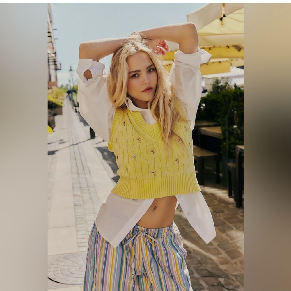 Free People NWT Yellow Cotton Plumeria Sweater Vest
